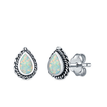 Pear Shape Stud Earrings Lab Created White Opal 925 Sterling Silver (6mm)